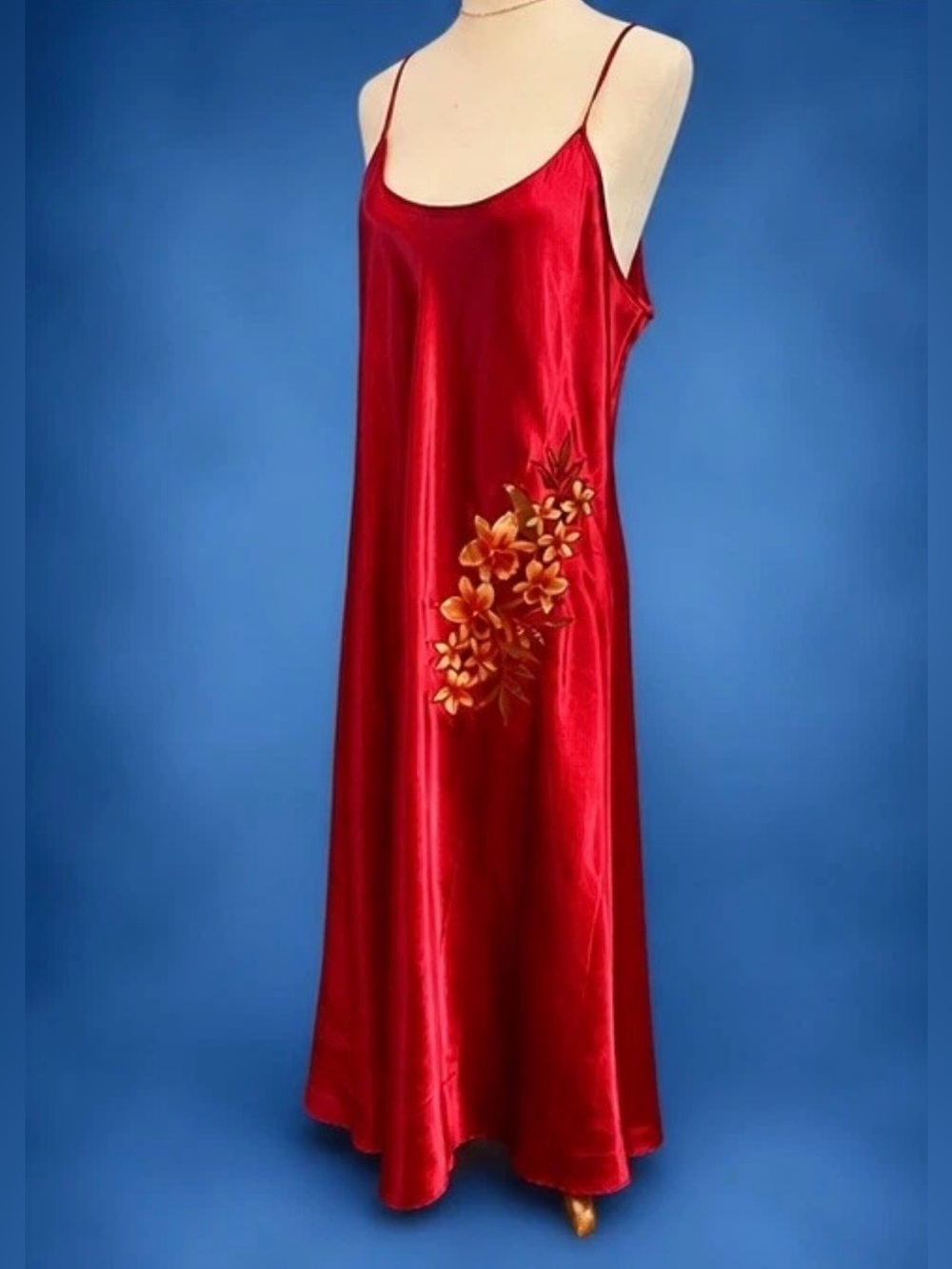Vintage Oscar de la Renta Pink Label Red Satin Maxi Slip Nightgown Dress Size L